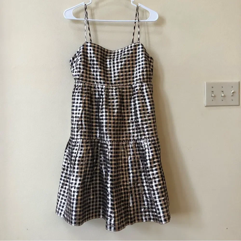J Crew Lurex Metallic Gingham Tiered Mini Dress